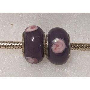 Set of 2 Pandora Purple Murano Glass Charm with Pink Dots